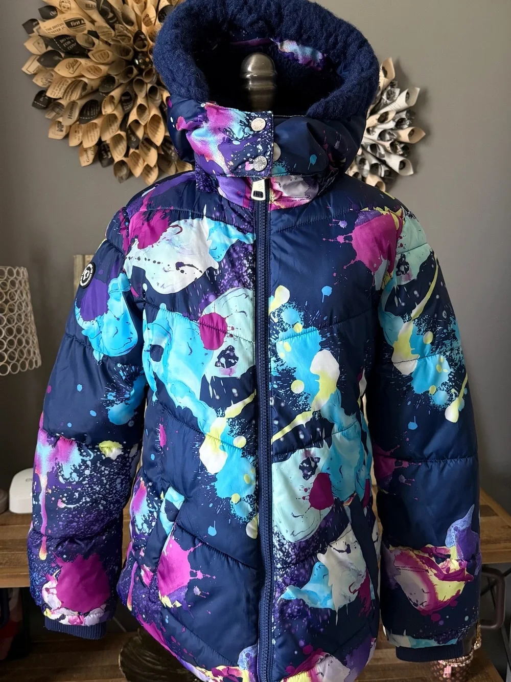 Justice Girls Navy Puffer Jacket with Blue, Teal & Pink Splatter